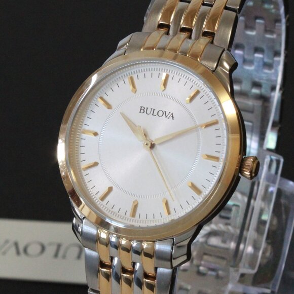 Bulova Ladies Classic Quartz Watch Two Tone Finish Raised Indices Bracelet 32mm - Picture 1 of 13